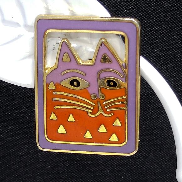 Vintage Laurel Burch "Mallory's Cat" Post Earrings, Gold Plated, Cloisonne - Picture 4 of 10